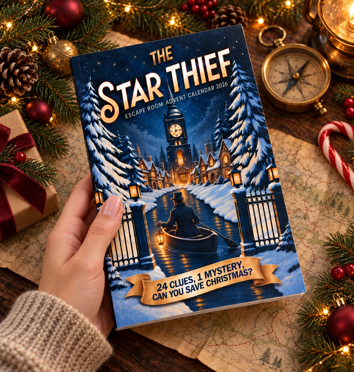 The Star Thief in a festive setting with a map and compass